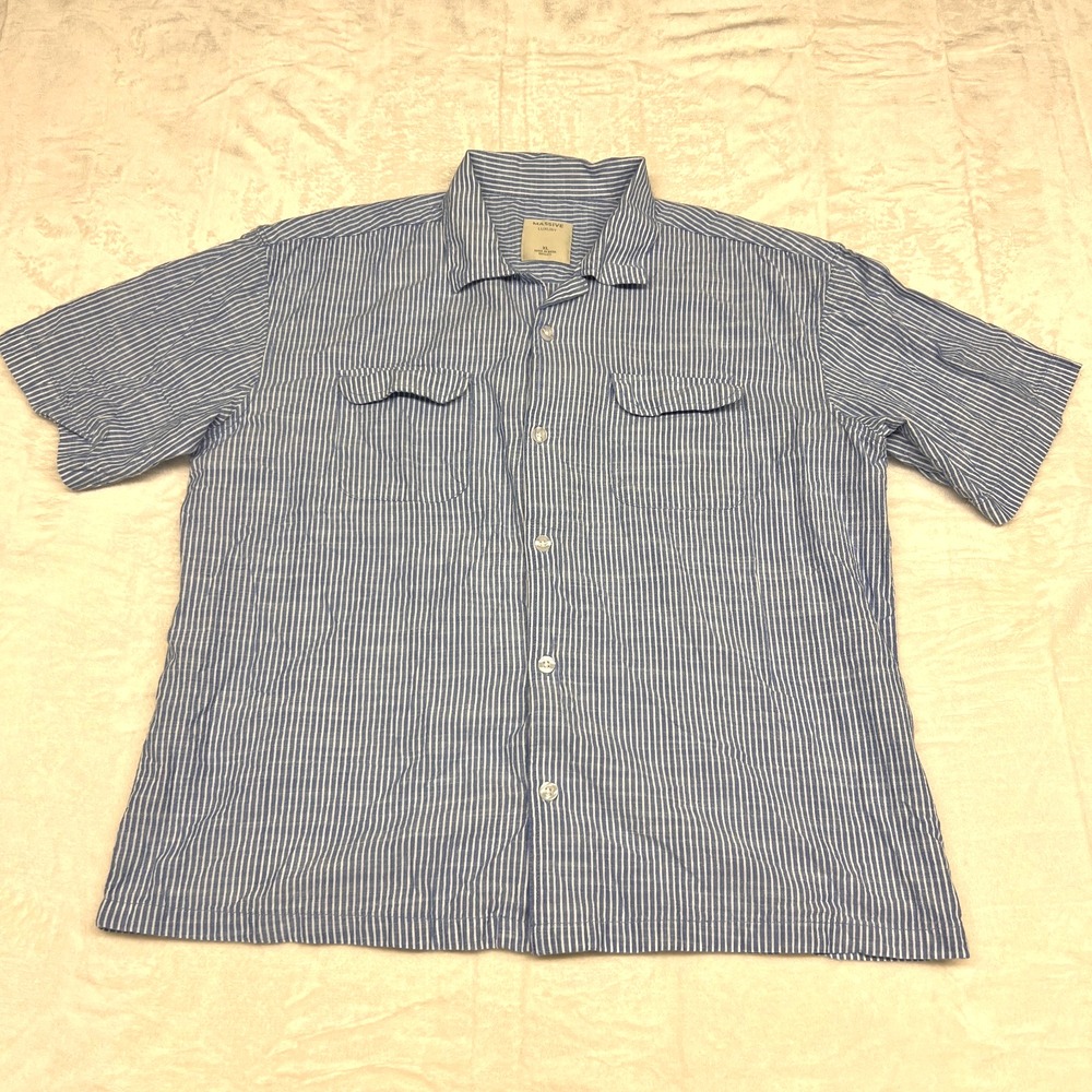 Massive Luxury Mens XL Blue White Striped Short Sleeve Cotton Camp Shirt RN96415